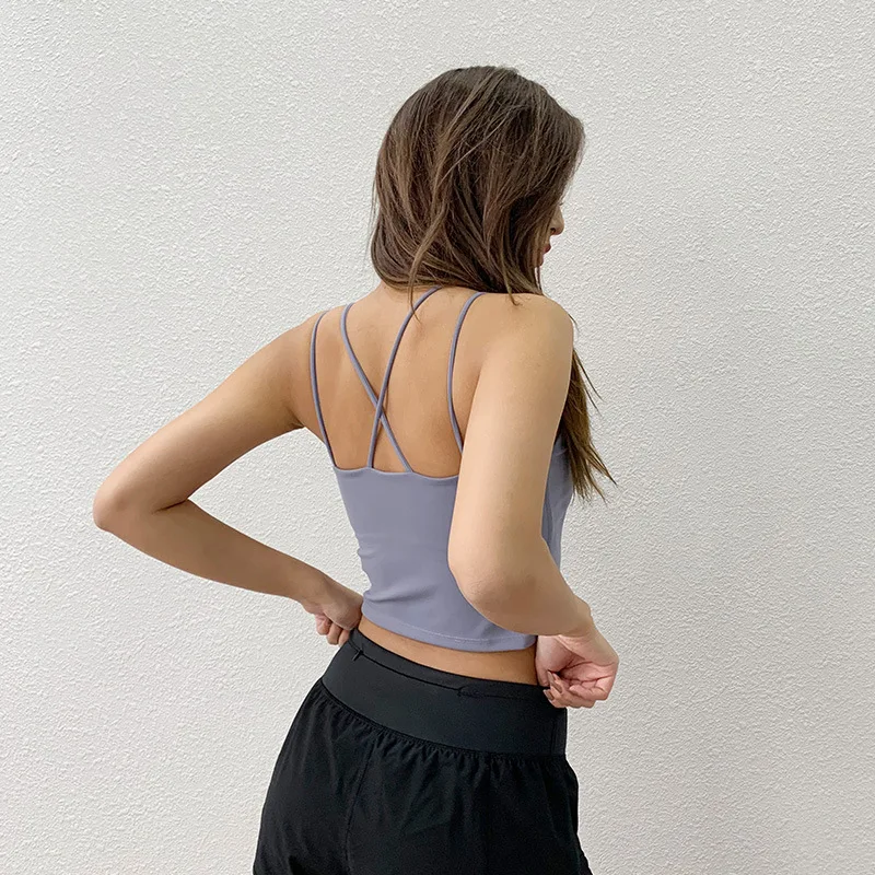 Hot Fitness Women's T-shirts Workout Sports Bra Yoga Vest Solid Color Quick Dry Running Gym Sport bra Yoga Top - Цвет: Синий