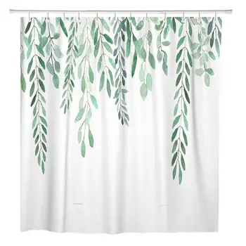

Bathroom Decor Shower Curtain Watercolor Green Leaf Plant Summer Tropic Home Curtain Sets with Hooks Polyester Fabric Great Gift