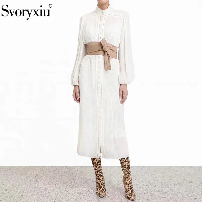 

Svoryxiu Women's Autumn Winter Runway White Dress High Quality Stand Collar Lantern Sleeve Single Breasted Girdle Party Dress