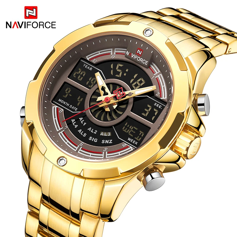 Часы наручные NAVIFORCE Мужские кварцевые золотистые роскошные брендовые цифровые в