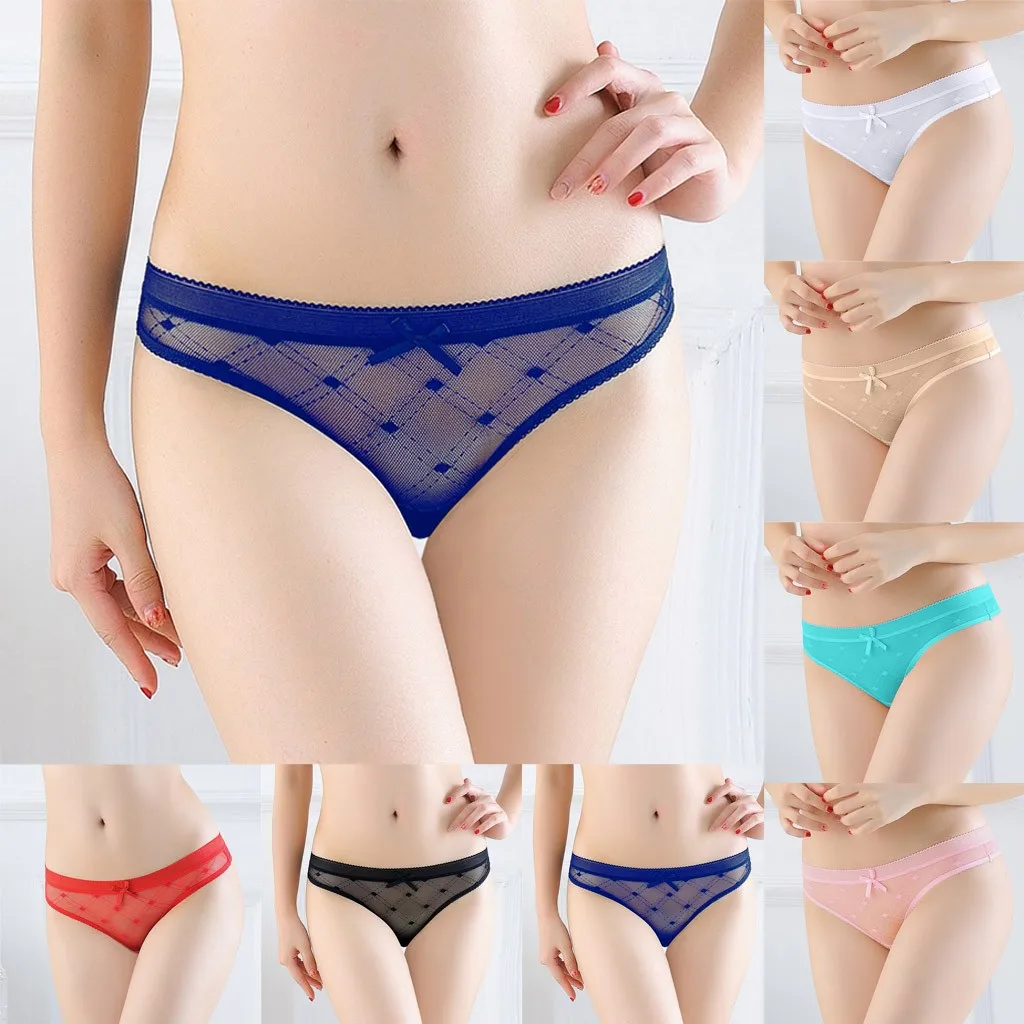 

Women Sexy Mesh Splice Briefs Panties Thongs Bow Lingerie Underwear Трусы Женские Sexy Нижнее Белье Dropshipping