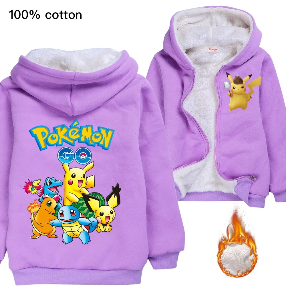 purple Kids Sweatshirt Cotton Cartoon POKEMON GO Pikachu boys girls Cosplay Costumes Long sleeve hoodies T-shirt Hooded Clothes