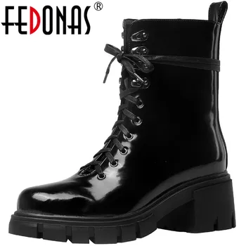 

FEDONAS Vintage Retro Genuine Leather Women's Ankle Boots Leather Cross Tied Platform Thick Heels Pumps Party Basic Shoes Woman