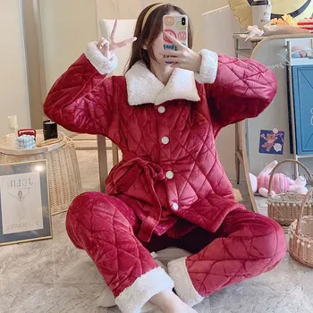 

Fdfklak Three Layers Quilted Pyjamas Women Warm Winter Pajamas For Female Thicken Coral Fleece Home Wear Set Pijama Feminino