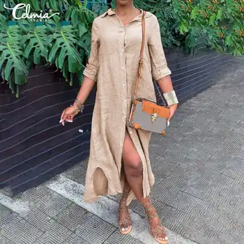 

S-5XL Celmia 2020 Spring Women Long Sleeve Maxi Dress Casual Loose Buttons Vintage Cotton Linen Party Long Shirt Vestidos Robe 7