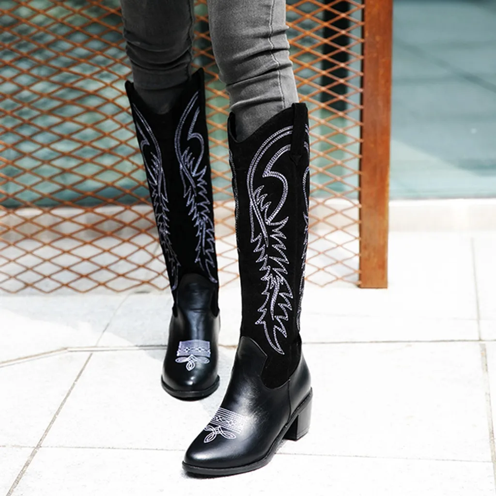 Ботинки с вышивкой; женские Винтажные ботинки в ковбойском стиле; западное Родео; повседневные ботинки с высоким голенищем из искусственной кожи на низком каблуке с квадратным носком; женская обувь; botas mujer