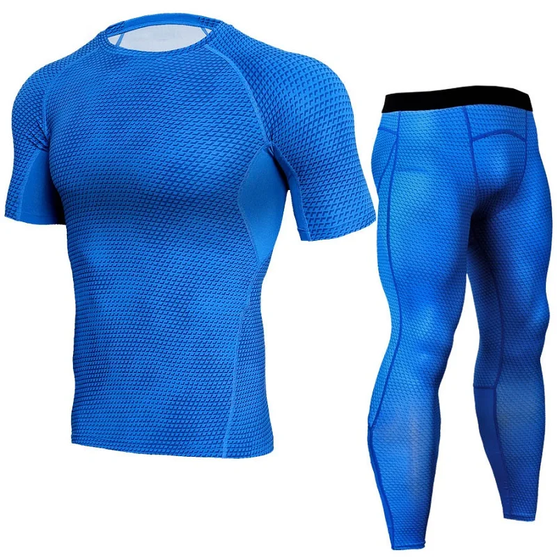 

New Quick-drying Gym Set Snake Print Men's Fitness Short-sleeved Tshirt Breathable Clothing Running Sports Trousers + Tight Tops