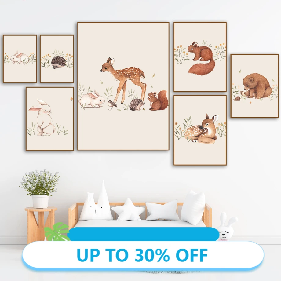 子供部屋用の動物のキャンバスの絵 寝室の壁の芸術の装飾 ウサギ リス クマ ハリネズミ キツネ マウス 家のキャンバス Painting Calligraphy Aliexpress