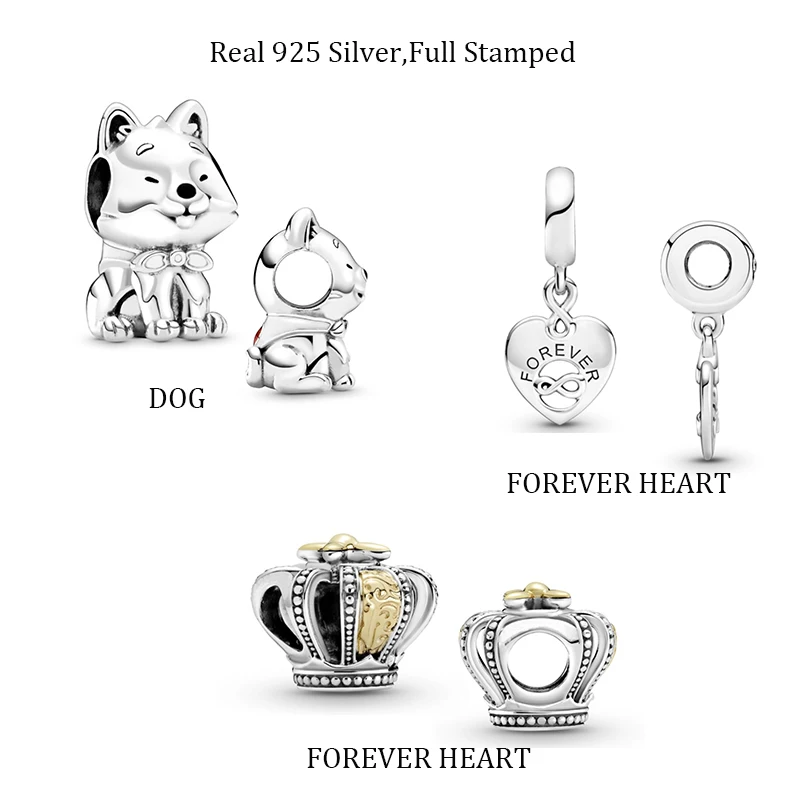 

100% Real 925 Sterling Silver Crown Charms Dog Bead Forever Heart Dangles Fits Original Bracelets Bangle Necklace Girls Jewelry