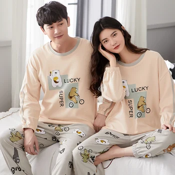

Spring and Autumn Long Sleeve Couple Pajamas Male Ladies Cotton Homewear Set