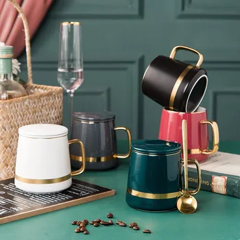 

400ml Nordic Ceramic Coffee Cup Set Teacup Office Cups Porcelain Filtering Tea Mug With Lid Spoon Water Juice Mugs