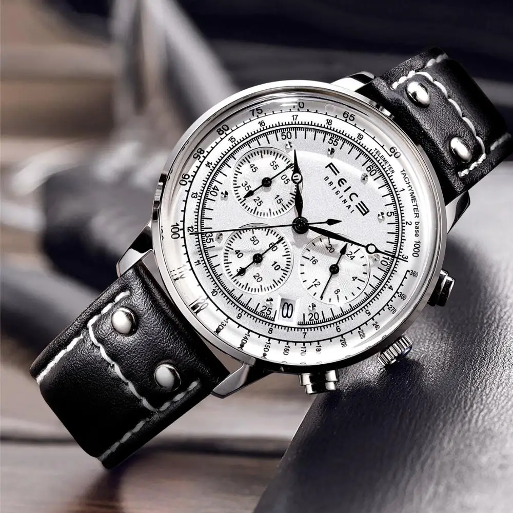 FEICE Fashion Vintage Chronograph Watch Men's Quartz Stopwatch Waterproof Casual Sport Multi-function Wrist Watches FS303