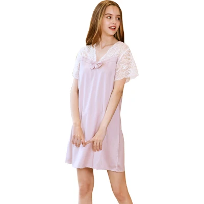 Новая шелковая Сексуальная женская ночная рубашка удобная эластичная Повседневная Пижама женская летняя домашняя одежда - Цвет: pale pinkish purple