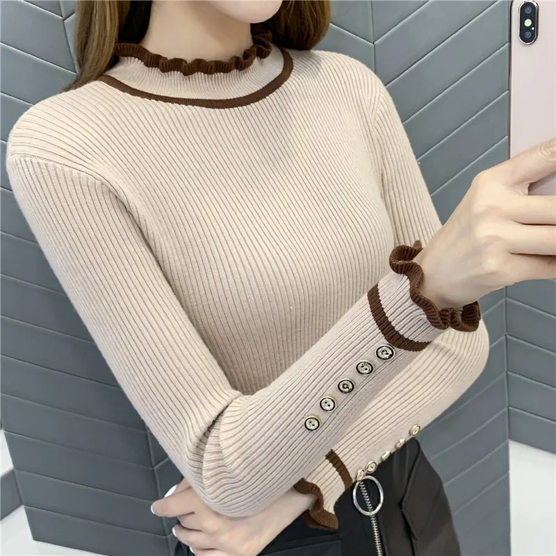 Comprar OHCLOTHING 5344 jerseys para mujer nuevo jersey de mujer alto elástico falbala tejido cuello de encaje todo fósforo camisa de fondo