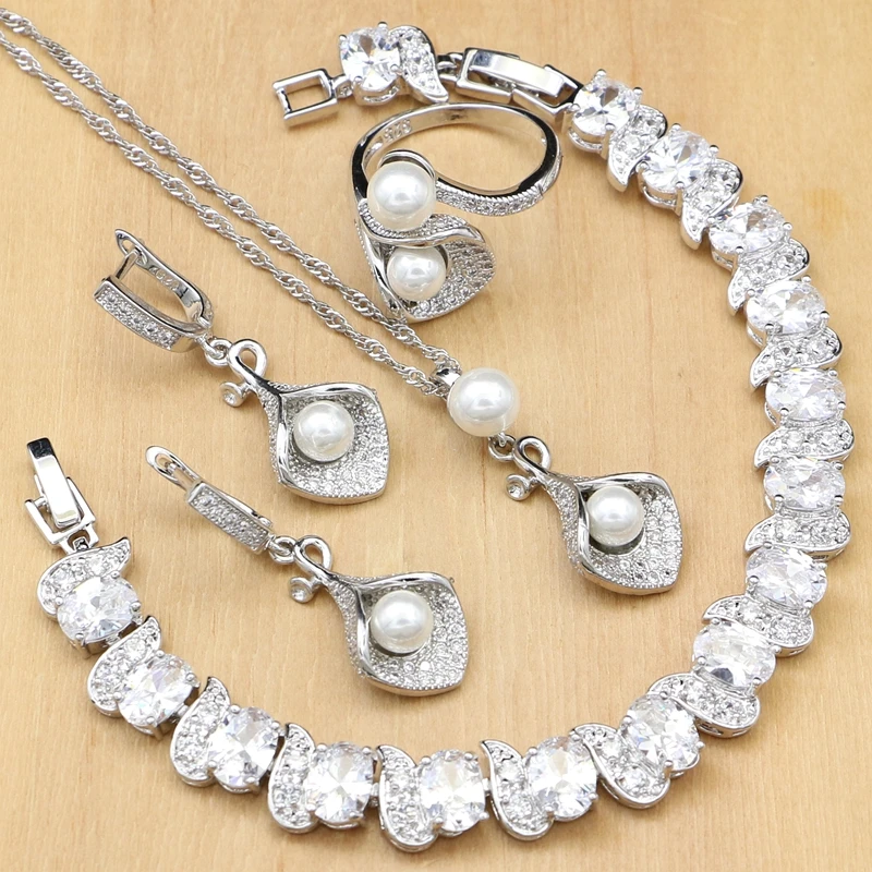 Horn 925 Silver Bridal Jewelry Sets White Zircon Pearls Bead For Women Party Earrings With Stone PendantNecklaceRingBracelet (1)