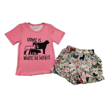 

pink color farm girls outfits icing ruffle summer boutique sets short sleeve girls clothes