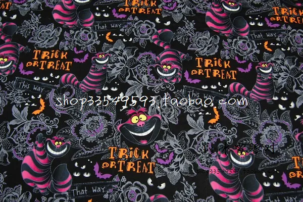 140cm Width Alice in Wonderland Cheshire Cat Trick or Treat Cotton Fabric for Baby Clothes Bags Halloween Decoration DIY-BK666