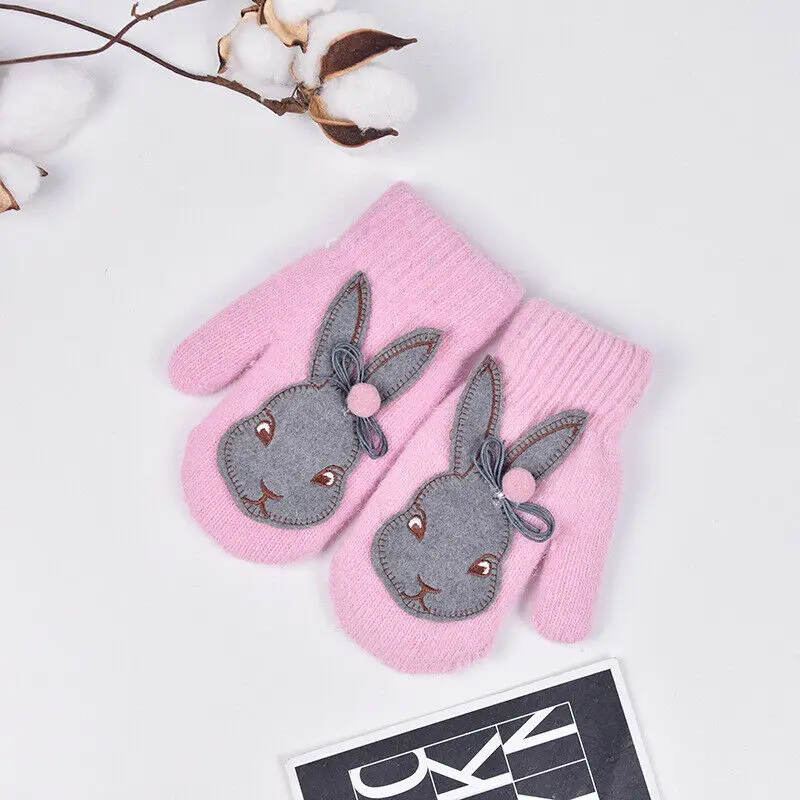 Детские перчатки с милым кроликом из мультфильма, зимние вязаные шерстяные варежки для новорожденных, толстые детские теплые перчатки - Цвет: Pink 2