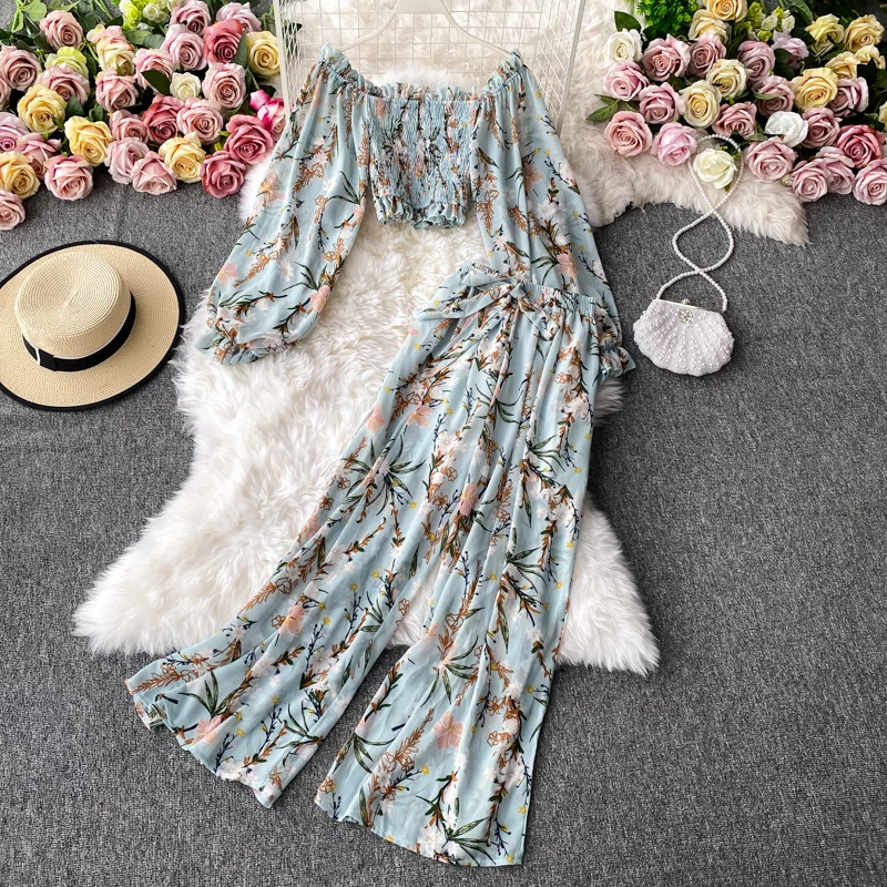 Boho Two Piece Set Women Print Off Shoulder Crop Top And High Waist Wide Leg Woman Pants Autumn 2 Piece Sets Fashion Lounge Wear