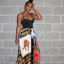 HHDMV, модная женская Повседневная Длинная юбка в этническом стиле, эластичная плиссированная юбка до щиколотки с принтом в старинном стиле