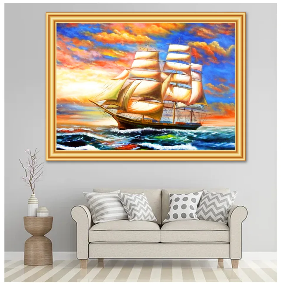 5D DIY Diamond Painting Landscape Sailboat Cross Stitch Kit Full Drill Embroidery Mosaic Art Picture of Rhinestones Home Decor