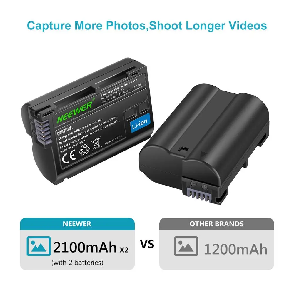 Комплект зарядного устройства Neewer для батарей Nikon d750 d7200 d7500 d850 d610 d500 EN EL15