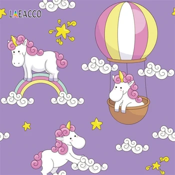 

Laeacco Unicorn Rainbow Clouds Stars Hot Air Balloon Photography Backdrops Birthday Photo Backgrounds Baby Shower Photophone