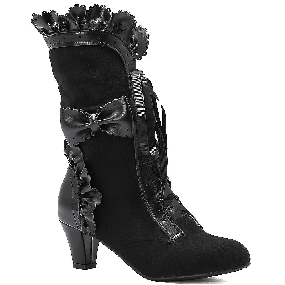 Brand New Big Size 43 Sweet Bowknot Ruffles Med Heels Shoelace Gothic Lolita Style Mid Calf Boots Women Shoes 