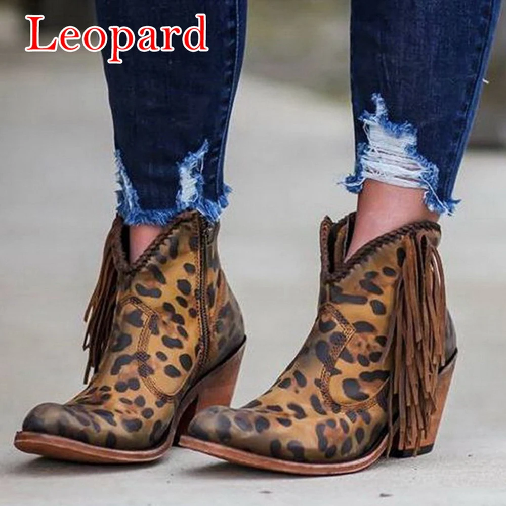MoneRffi Women Shoes fashion Leopard Print Sexy Pointed Toe Ankle Boots Slip on Deep V High Heel Ankle boots Lady Shoes - Цвет: Leopard