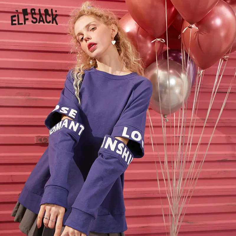 ELFSACK Женский пуловер с длинным рукавом синий однотонный принтом букв весна 2020