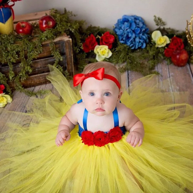 

Baby Girls White Snow Flower Tutu Dress Kids Yellow Tulle Dress Ball Gown with Red Hairbow Children Birthday Party Costume Dress