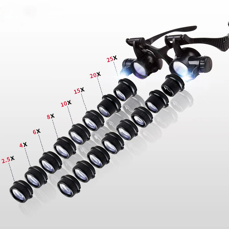 Tanie 2.5X 4X 6X 8X 10X 15X 20X 25X multi power podwójna dioda led światła lupa okulary do naprawy zegarków lupa jubiler lupa
