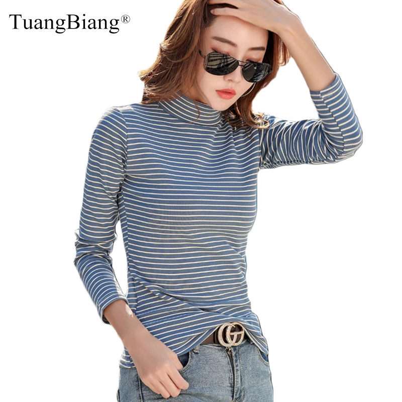 

2020 Winter Thicken Turtleneck Keep Warm T shirt Women Long Sleeve Casual Black White striped T shirt Cotton Cashmere Thick Tops