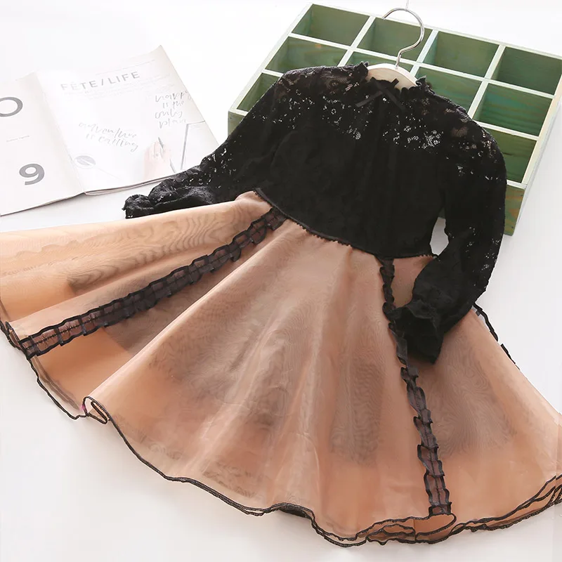 Весенне-осеннее детское черное платье принцессы до колена с кружевным бантом и расклешенными рукавами для маленьких девочек 3-6, 8, 10, 12 лет