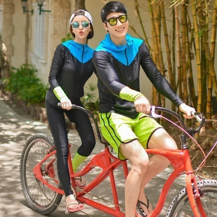 

2018 New Style Couples Bathing Suit Women's Hooded Four-piece Set Long Sleeve Split Type Men Hooded Service Diving Suit