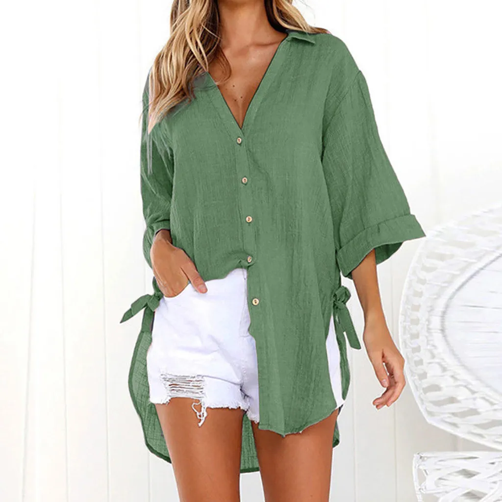 Light green Новые женские Топы Блузки осенние свободные пуговицы Длинные рукава рубашки платье Блузка Плюс Размер повседневные однотонные Хлопковые Туники женские блузки - Цвет: Light green