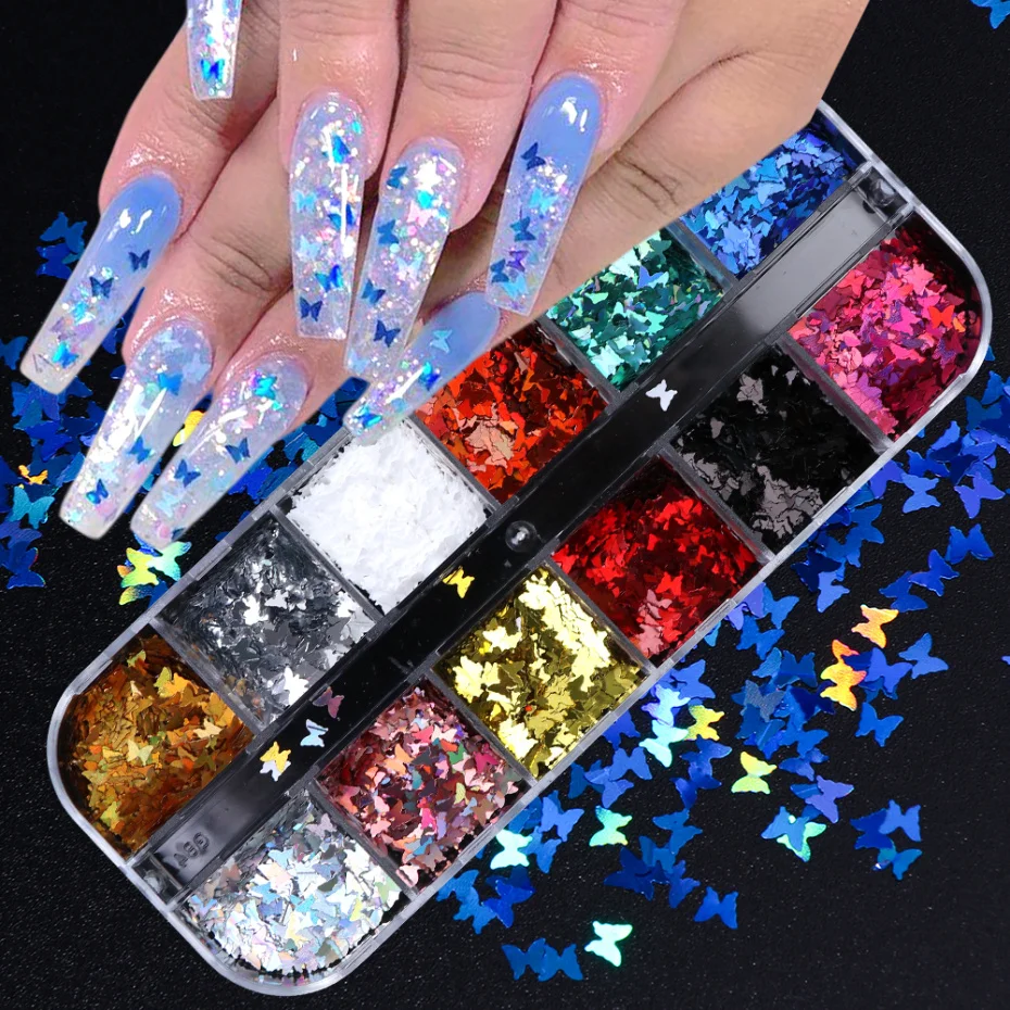 

12 Grid/Set Holographic Nail Glitter Sequins Sparkly 3D Thin Butterfly Flakes Polish Decor for Nail Art Accessories LA1558-1