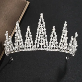 

KMVEXO 2020 Tower Triangle Shape Wedding Crowns Rhinestone Pearl Crystal Headband Bridal Tiara Party Wedding Hair Accessories