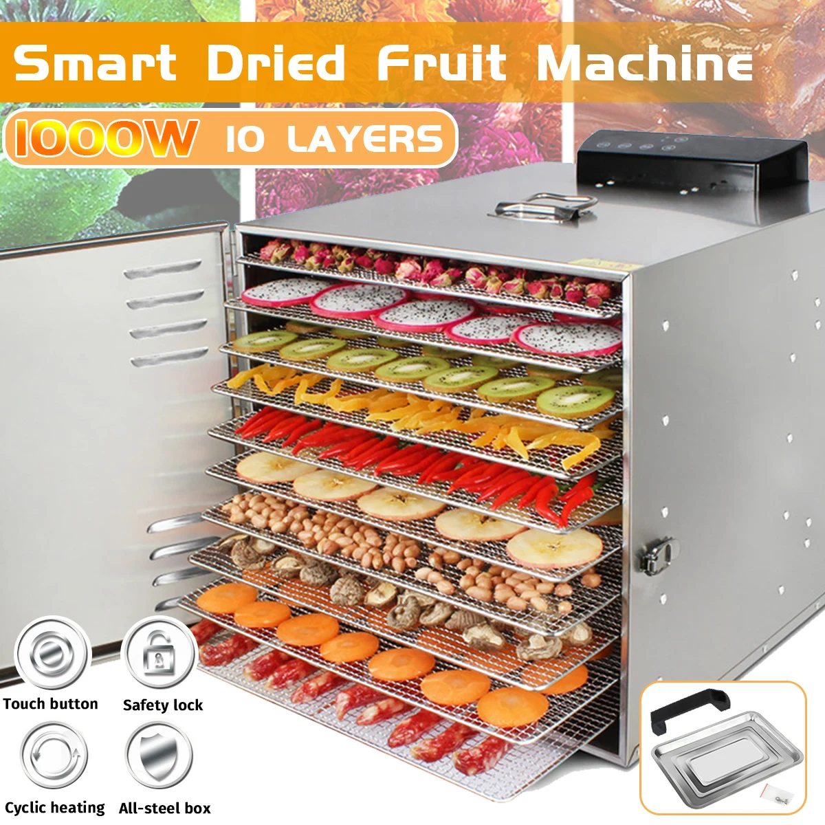 10 Trays 1000W Fruit Dryer Dehydrator for Meat Food Home Appliances Drying Machine Beef Jerky Making Tools-Stainless Steel | Бытовая