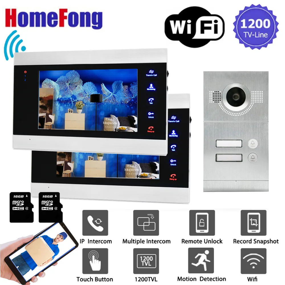 Homefong 7 Inch Wifi Video Intercom 2 Apartment Wireless Video Door Phone Doorbell Camera System 1200TVL Motion Detection