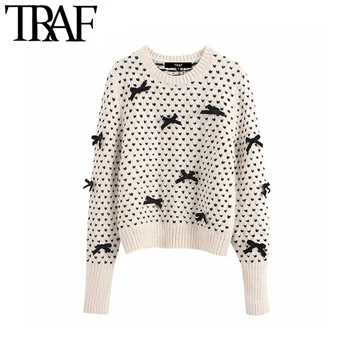 

TRAF Women Vintage Sweet Bow Tie Appliques Knitted Sweater Fashion O Neck Long Sleeve Ribbed Trim Female Pullovers Chic Tops