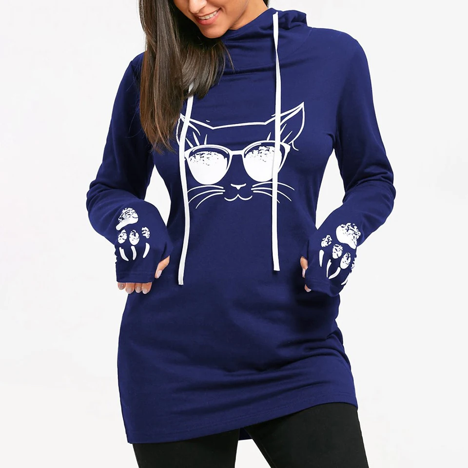  2019 Women Hoodies Long sleeve Sweatshirt Cool Gothic Cat Print Slim Fit Casual Pullover Female Plu