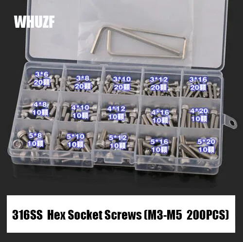 

WHUZF 200 шт./компл. M3 M4 M5 316 винты из нержавеющей стали с шестигранной головкой для велосипеда болты с шестигранной головкой набор винтов в ассортименте