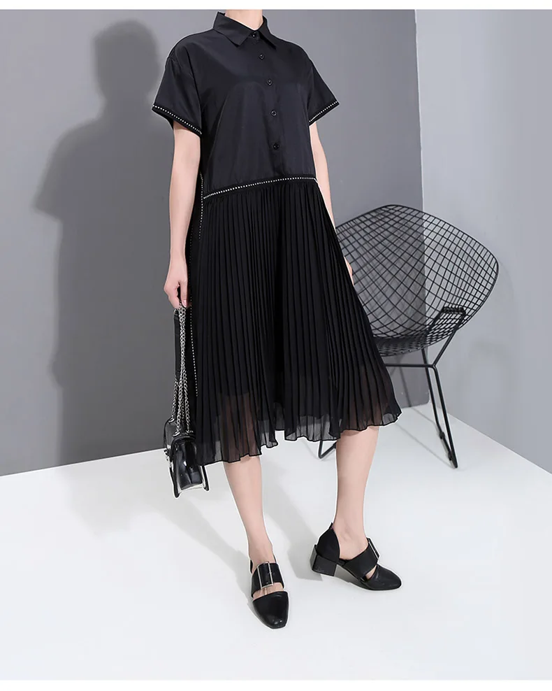 New Fashion Black Pleated Chiffon Hem Lapel Shirt Dress