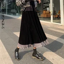 SHENGPALAE зимняя бархатная юбка с высокой талией Корейская свободная модная черная Длинная женская юбка средней длины Повседневная 5D015