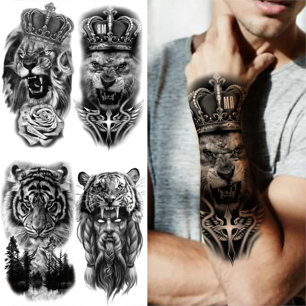 Crown Lion Cross Temporary Tattoos For Men Women Tiger Demon Rose Forest Fake Tattoos Forearm Thigh Half Sleeve Tatoos Stickers Temporary Tattoos Aliexpress