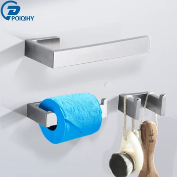 

POIQIHY 304 SUS Bathroom Hardware Set Square Robe Hooks Towel Bar Hanger Screwed Wall Mount Brushed Nickel Toilet Paper Holder