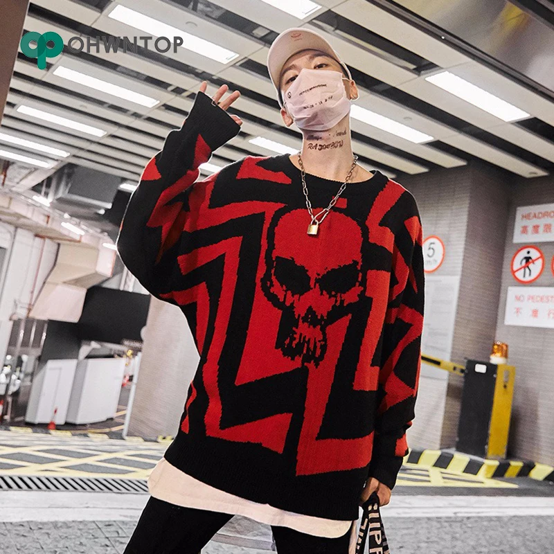 Harajuku трикотажные свитера мужские хип хоп пуловер с черепом свитер уличная Мужская мода осень свободная уличная одежда свитера