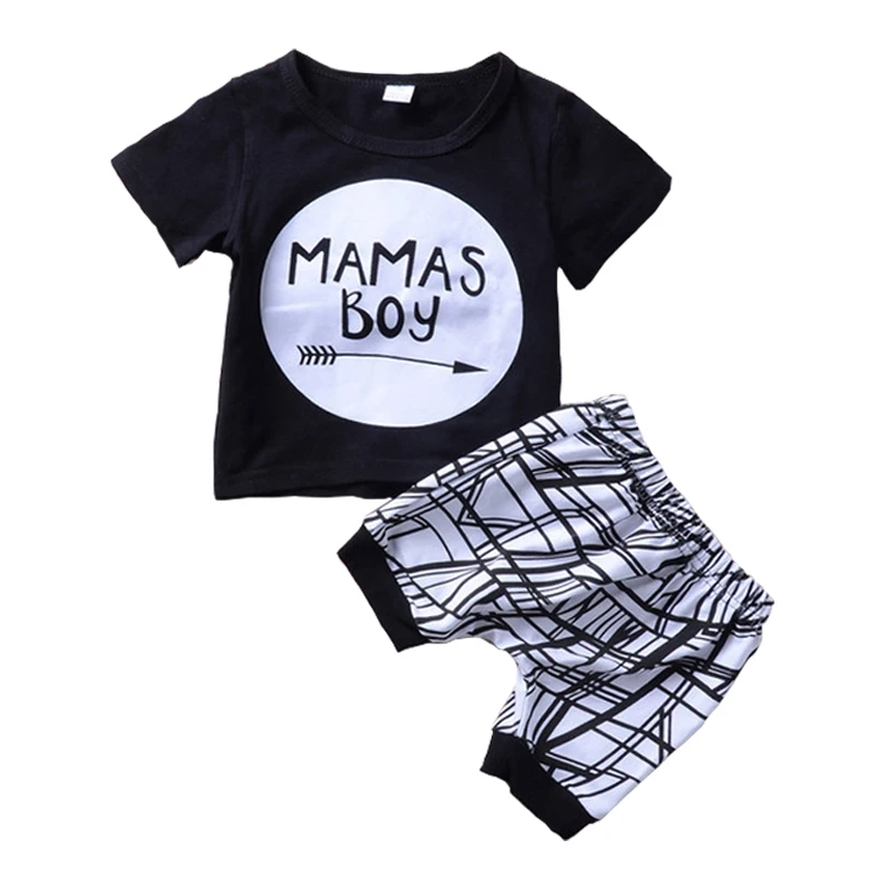 

New Born Baby Clothes 2pcs Set Black Letter Print Tshirt for Boys White Stripe Pants Legging Baby Boys Clothes Newborn Set 0-24M