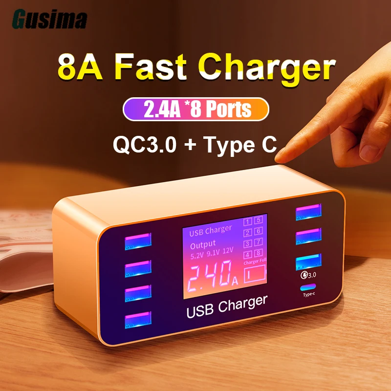 

GUSIMA LED 8 Port 8A 40W QC 3.0 USB Charger Type C Quick Smart Mobile Phone Charger For iPhone X XS Samsung S10 Huawei P30 Pro